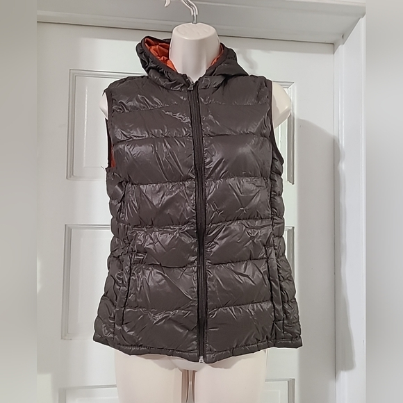 Peace Love Chill Brown Hooded Puffer Vest Packable Lightweight Down Fill Sz MED - Picture 1 of 5